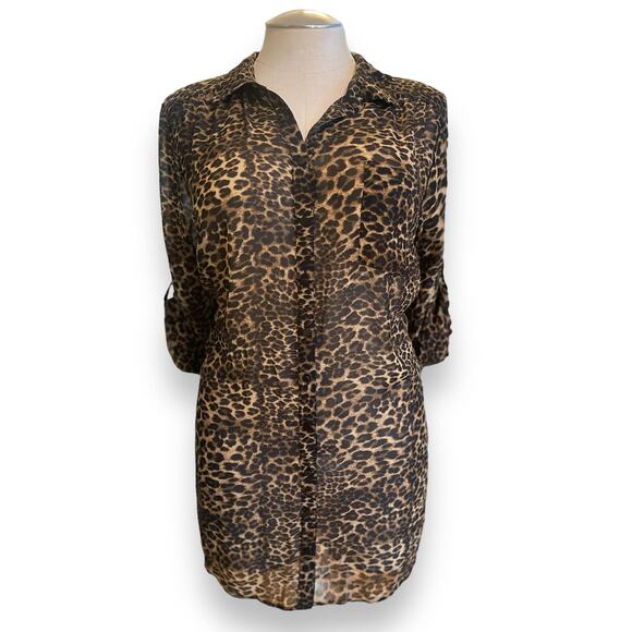 Torrid Plus Size 3 Betsey Johnson Chiffon Leopard Sheer Button‎ Down Tunic Top - Picture 2 of 3